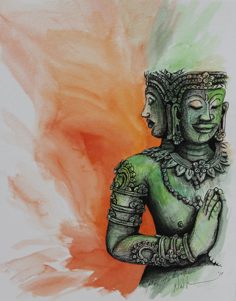 Buddha Angkor Wat. Artist Original Watercolour Pen&Ink Painting. Framed Wall Art. Home Decor - Neil Assenheimer