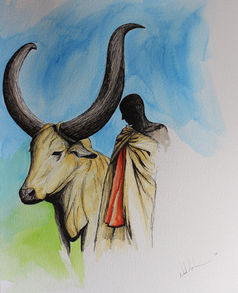 Man and Animal. Artist Original Watercolour Pen&Ink Painting. Framed Wall Art. Home Decor - Neil Assenheimer