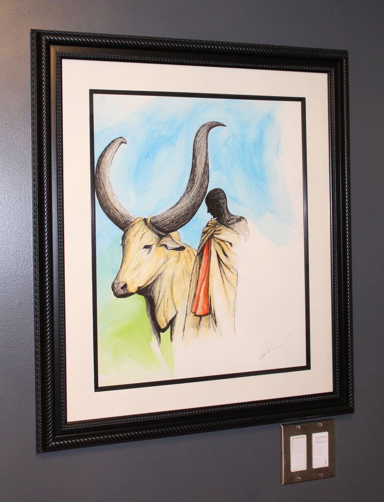 Man and Animal. Artist Original Watercolour Pen&Ink Painting. Framed Wall Art. Home Decor - Neil Assenheimer