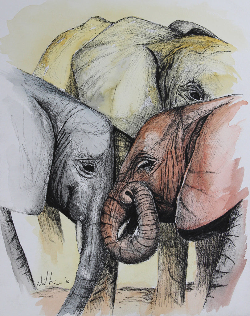 Trio of Elephants. Original Watercolour Pen and Ink - Neil Assenheimer