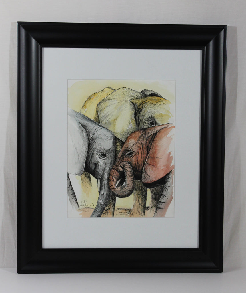 Trio of Elephants. Original Watercolour Pen and Ink - Neil Assenheimer