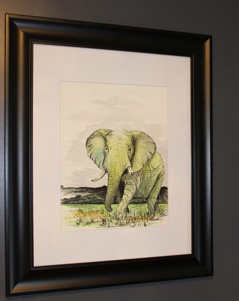Green Elephant. Original Watercolour Pen and Ink - Neil Assenheimer