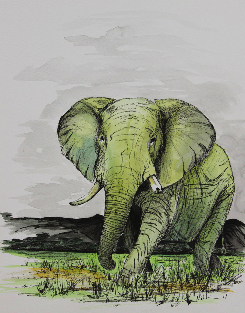 Green Elephant. Original Watercolour Pen and Ink - Neil Assenheimer