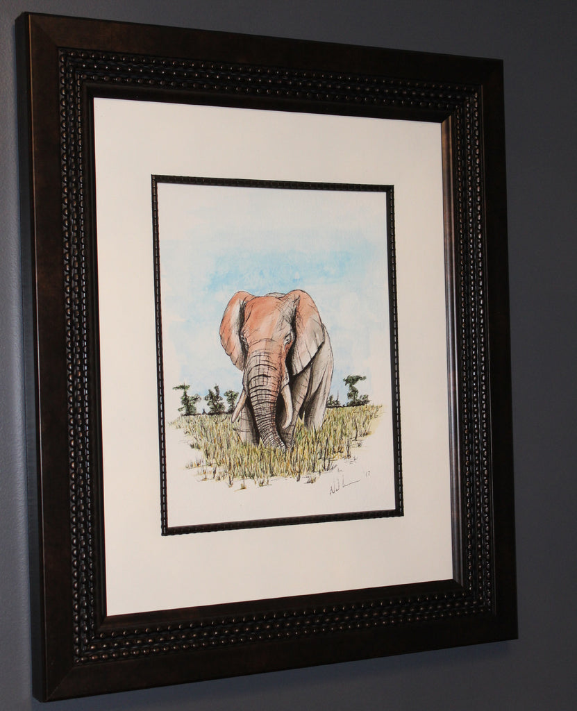 Savannah Elephant. Artist Original Watercolour Pen&Ink Painting. Framed Wall Art. Home Decor - Neil Assenheimer