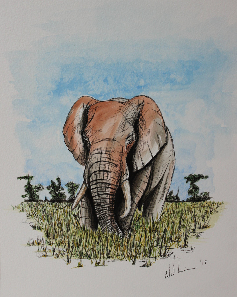 Savannah Elephant. Artist Original Watercolour Pen&Ink Painting. Framed Wall Art. Home Decor - Neil Assenheimer